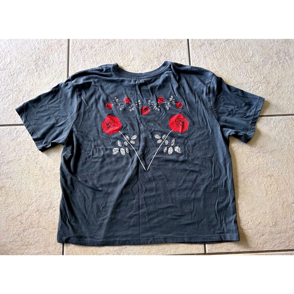 Rebellious One Womens Charcoal Gray Rose Graphic T-Shirt Large L